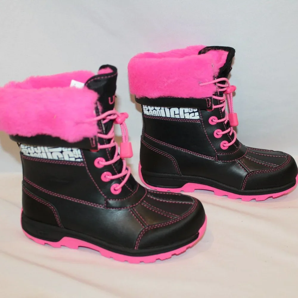 NIB UGG BUTTE WATERPROOF LEATHER‎ SHEARLING LINED WINTER ANKLE BOOTS BLACK PINK